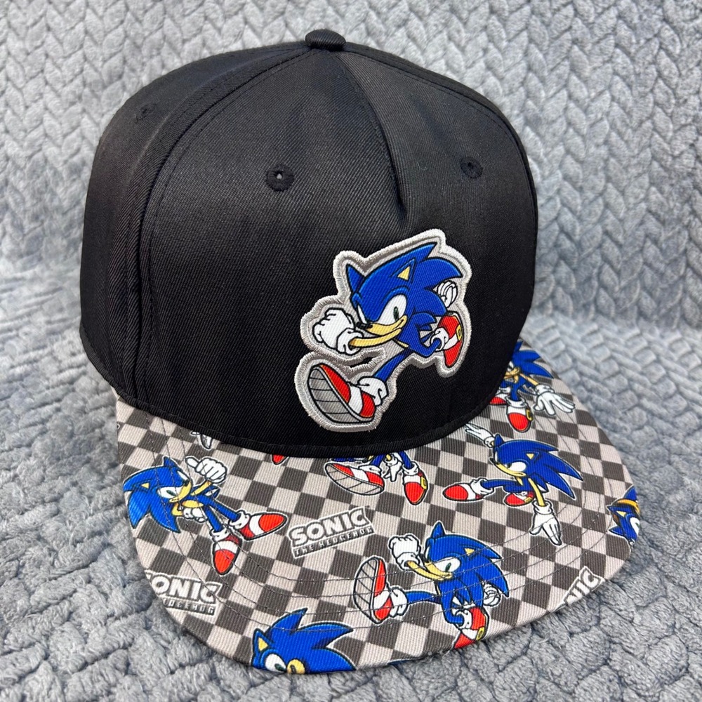 Sonic Running Patch Kids Black Sonic The Hedgehog Snapback Hat Checkered OSFM